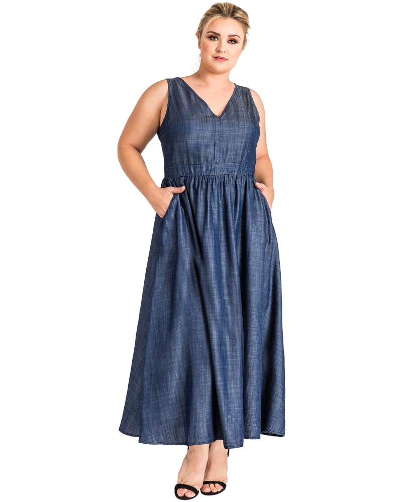 Front of a model wearing a size 1X Julia A-Line Denim Maxi Dress in Blue by Standards & Practices. | dia_product_style_image_id:276427